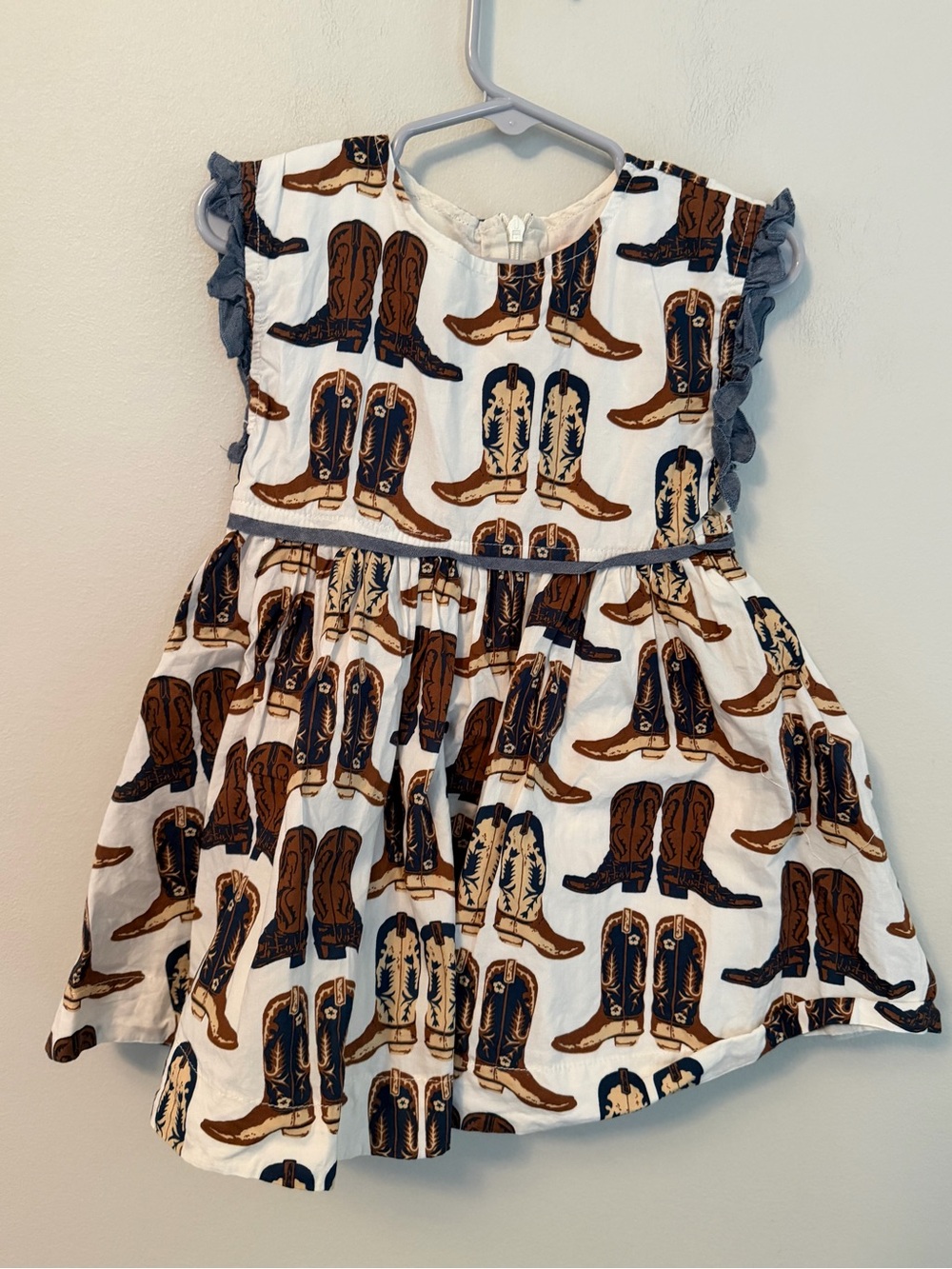 Pink Chicken Cowboy Boot Print Dress in White and Brown